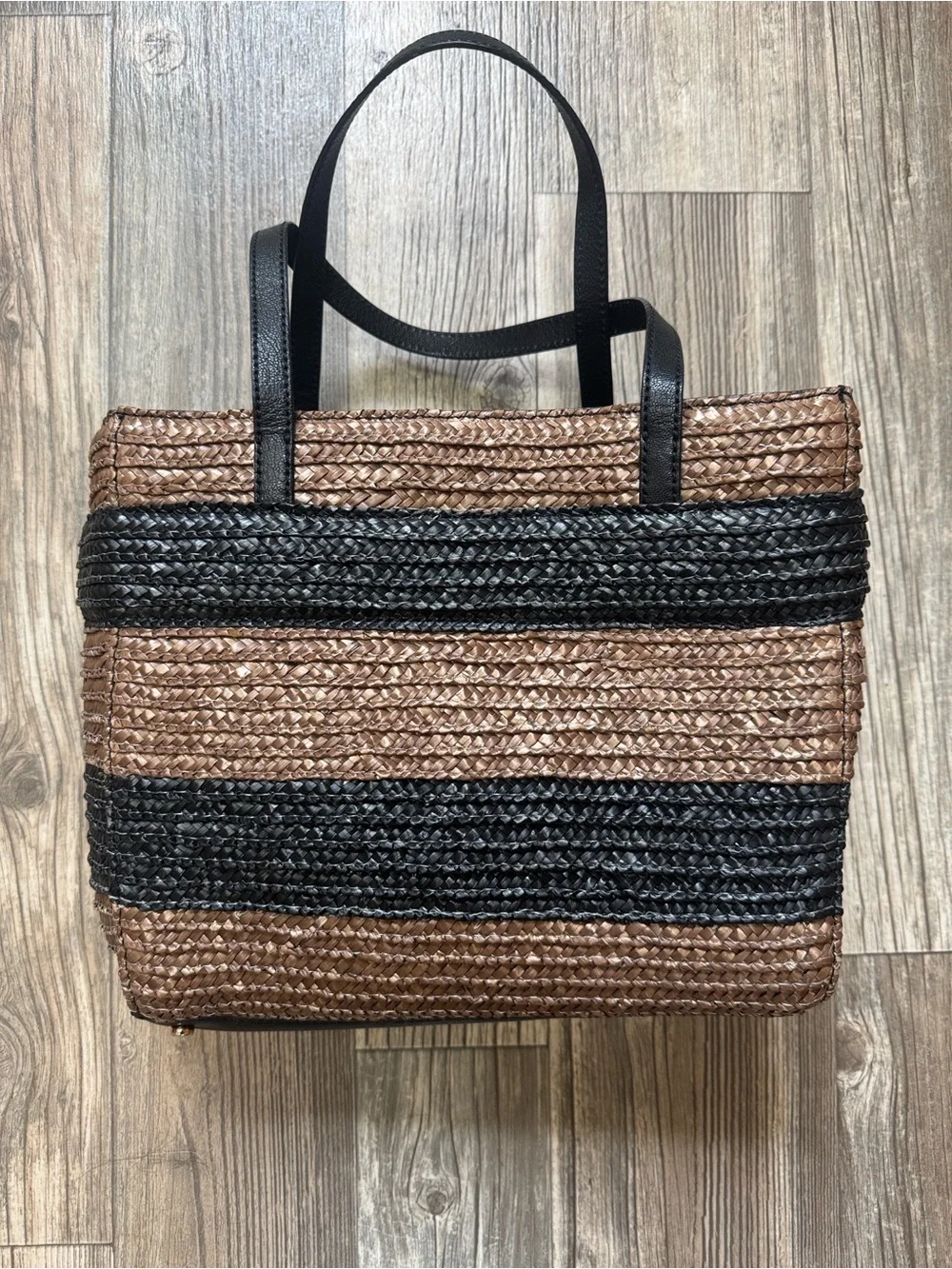 Kate Spade Straw Tote Bow Handbag Brown Black Woven Medium Shoulder Bag